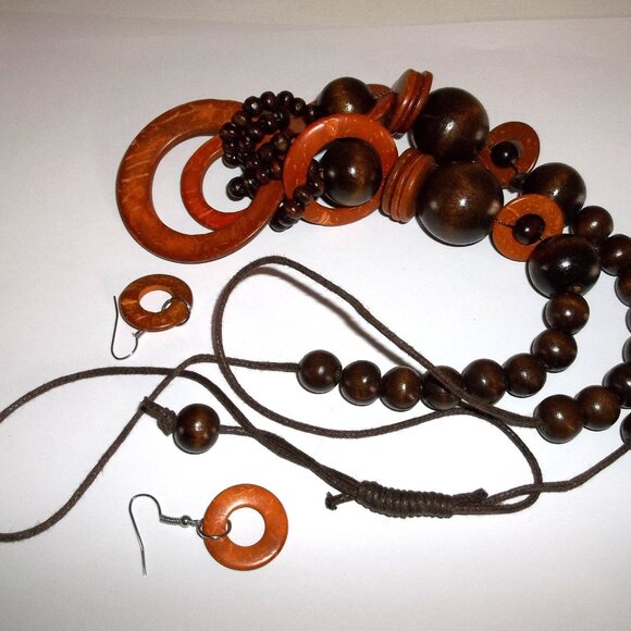 Wood Necklace, Necklace, Brown, Earring, Necklace and Earring Set Boho Set D337 - Picture 3 of 7
